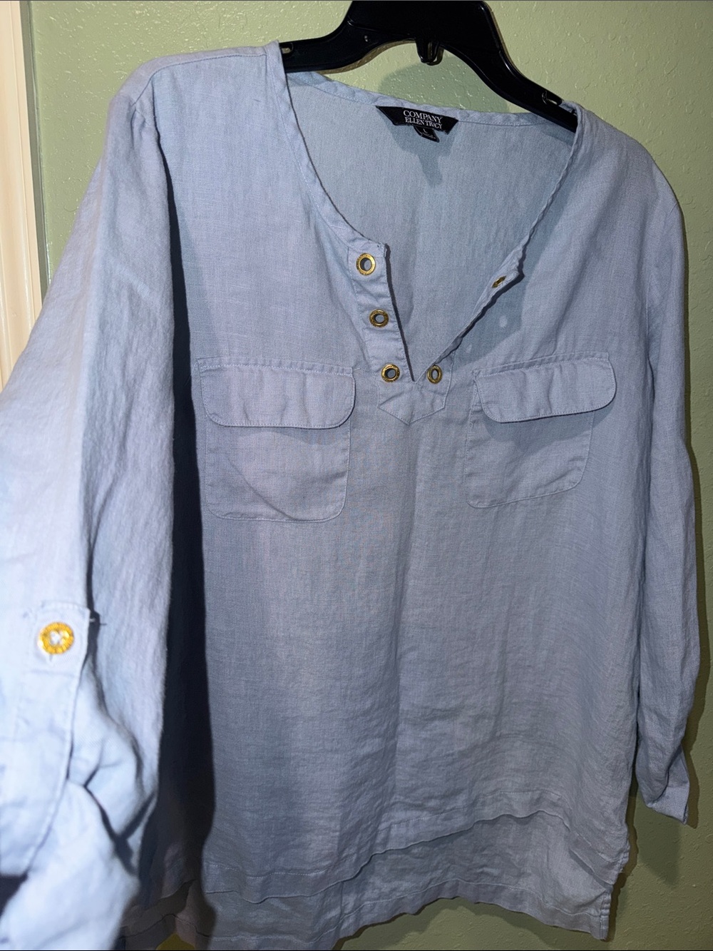 Ellen Tracy Light Blue 100% Linen Popover Tunic with Grommet Detail